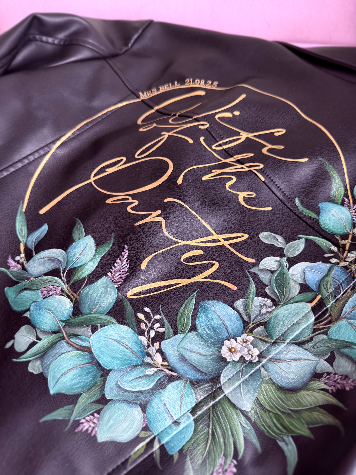 Hand Painted Leather Jacket. Foliage and Gold Hoop Design. Leather Jacket Painting Service
