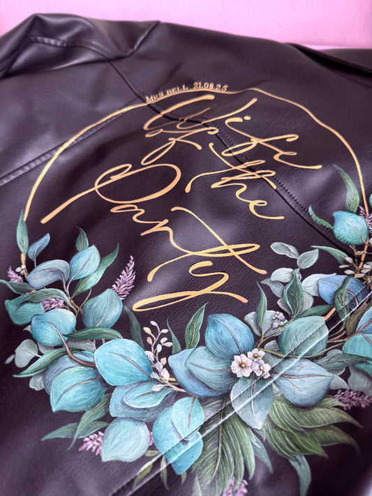Hand Painted Leather Jacket. Foliage and Gold Hoop Design. Leather Jacket Painting Service