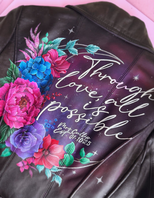 Hand Painted Leather Jacket. Galaxy and crescent design. Leather Jacket Painting Service