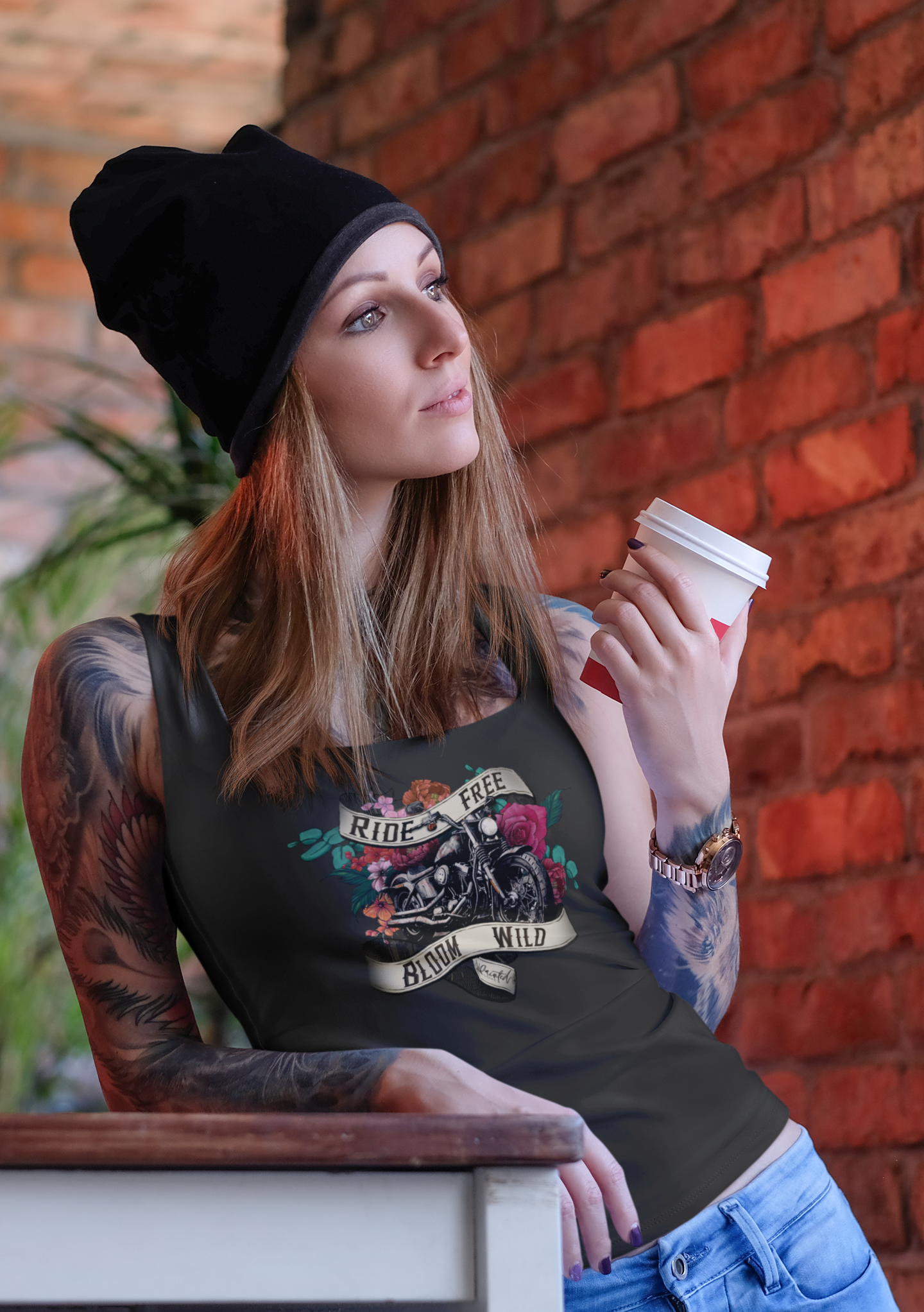 Tank Top with Tattoo Style Motorcycle and Flowers Design