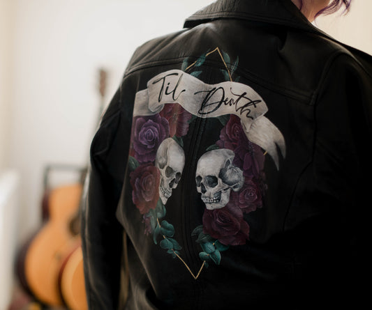 “Til Death” Hand Painted Leather Jacket with Skulls and Roses. Leather Jacket Painting Service