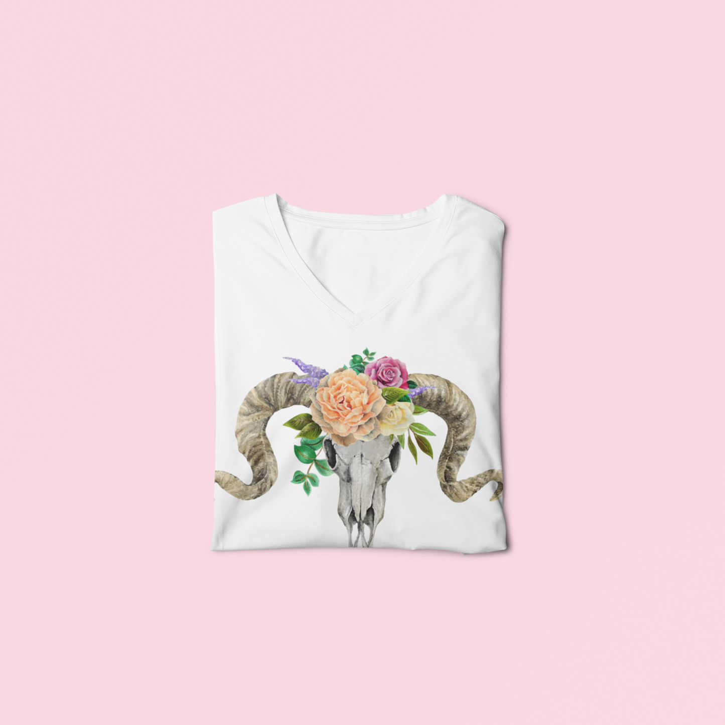 V-Neck Ram Skull and Peach Flowers Unisex Tee