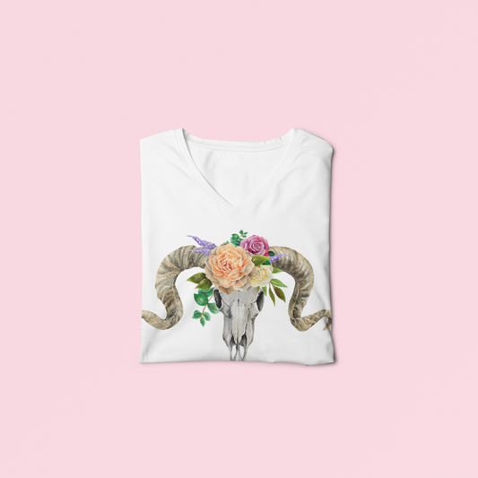 V-Neck Ram Skull and Peach Flowers Unisex Tee