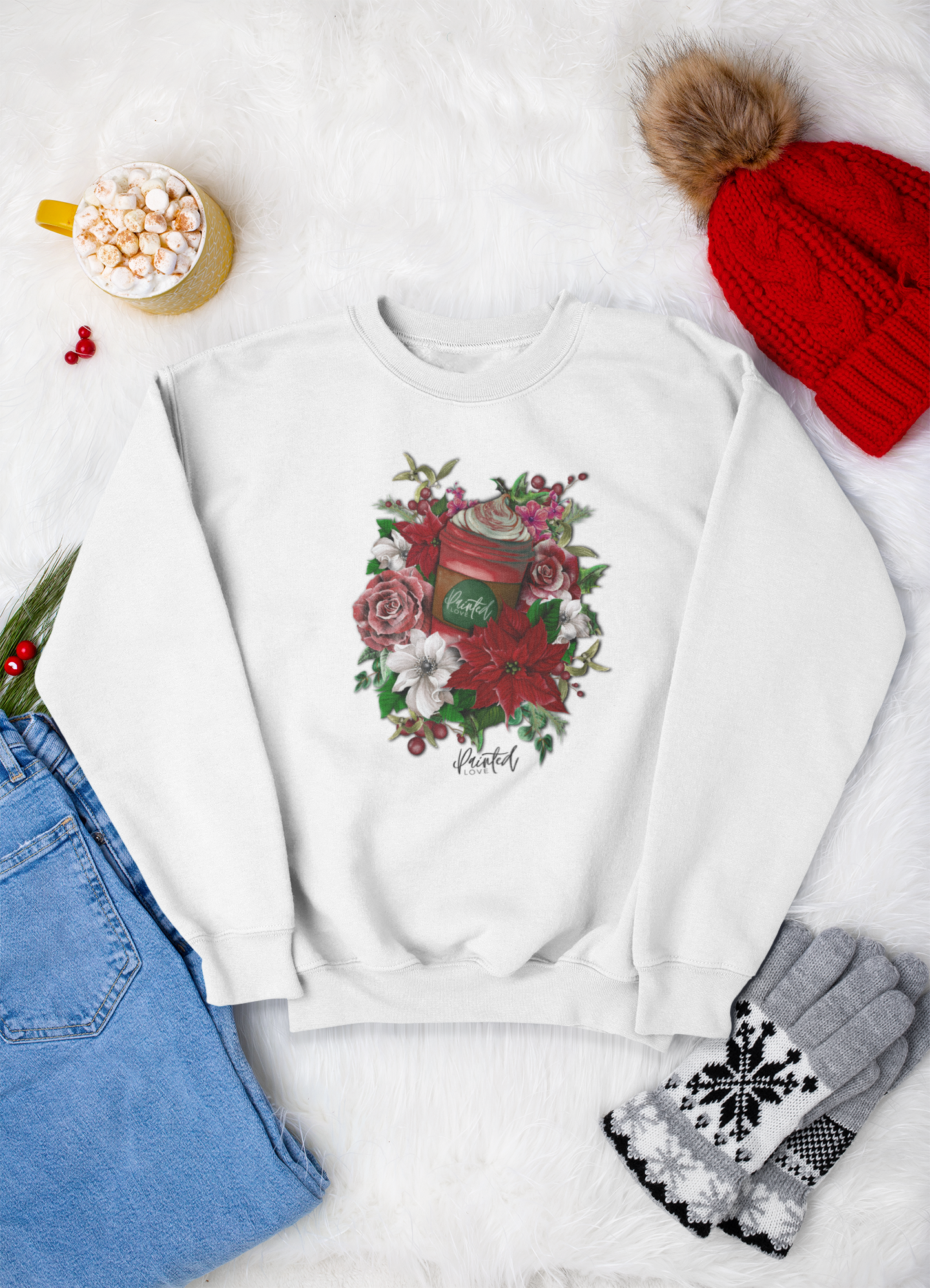 Christmas Sweatshirt, Hot Chocolate and Flowers