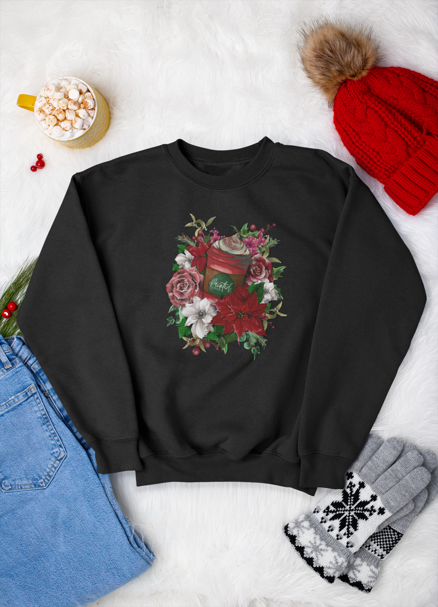 Christmas Sweatshirt, Hot Chocolate and Flowers