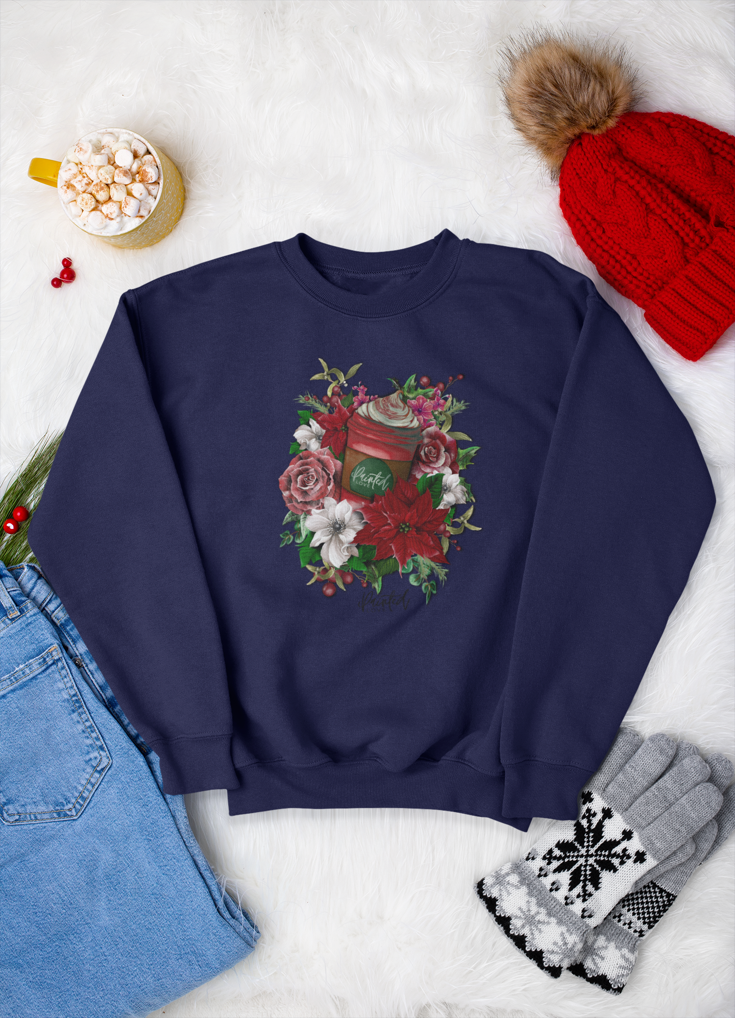 Christmas Sweatshirt, Hot Chocolate and Flowers