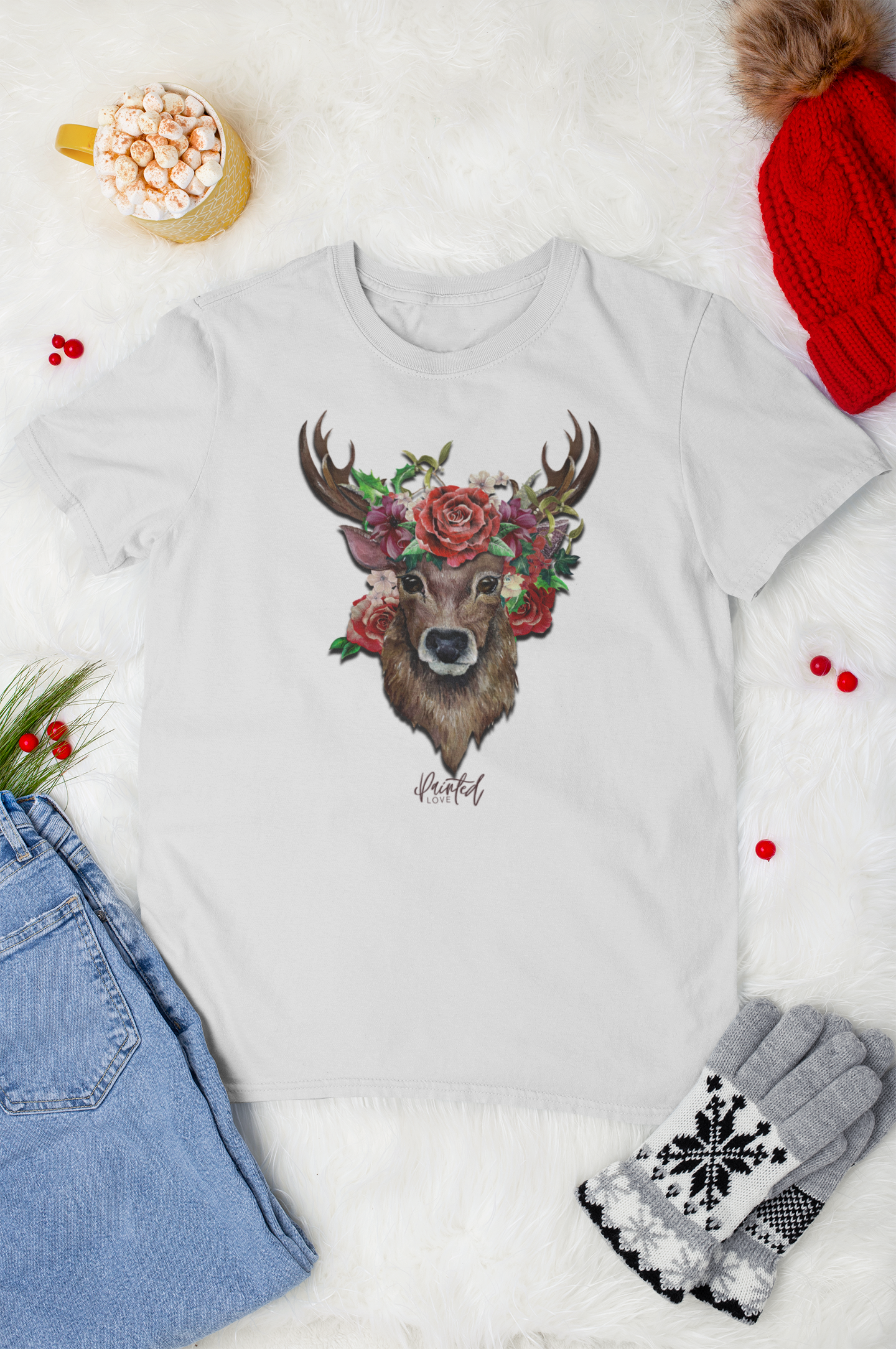 Christmas T-Shirt, Deer and Flowers