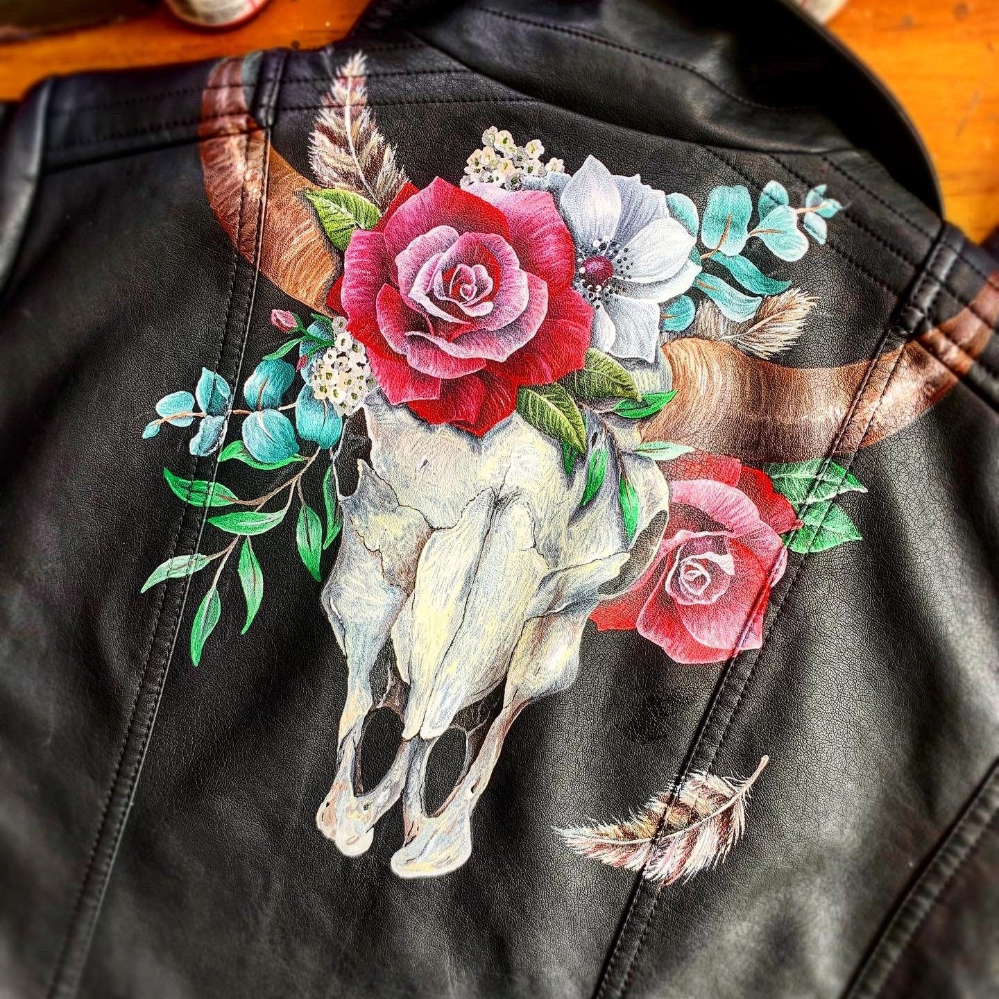 Painted Leather Jacket, Personalised Bride Jacket, Cow Skull Jacket