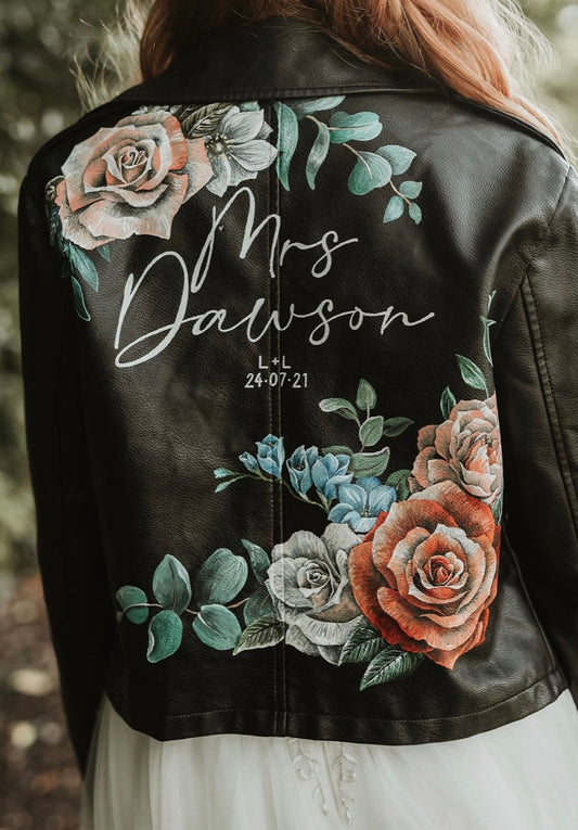 Hand Painted Floral Leather Jacket. Painting service for Bridal Jacket.