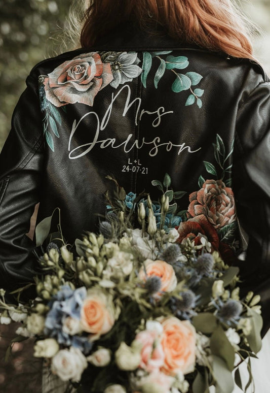 Hand Painted Floral Leather Jacket. Painting service for Bridal Jacket.