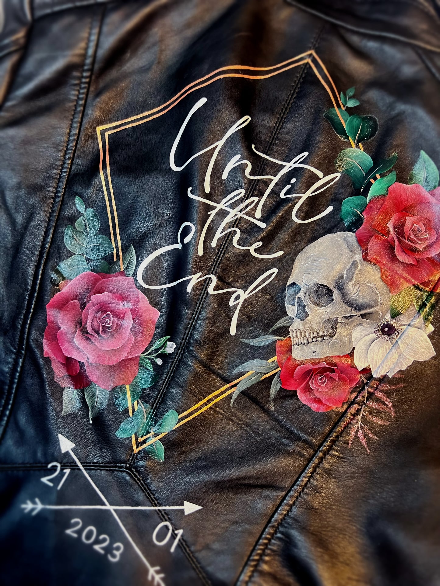 Hand Painted Leather Jacket. Geometric Skull Design. Painting only