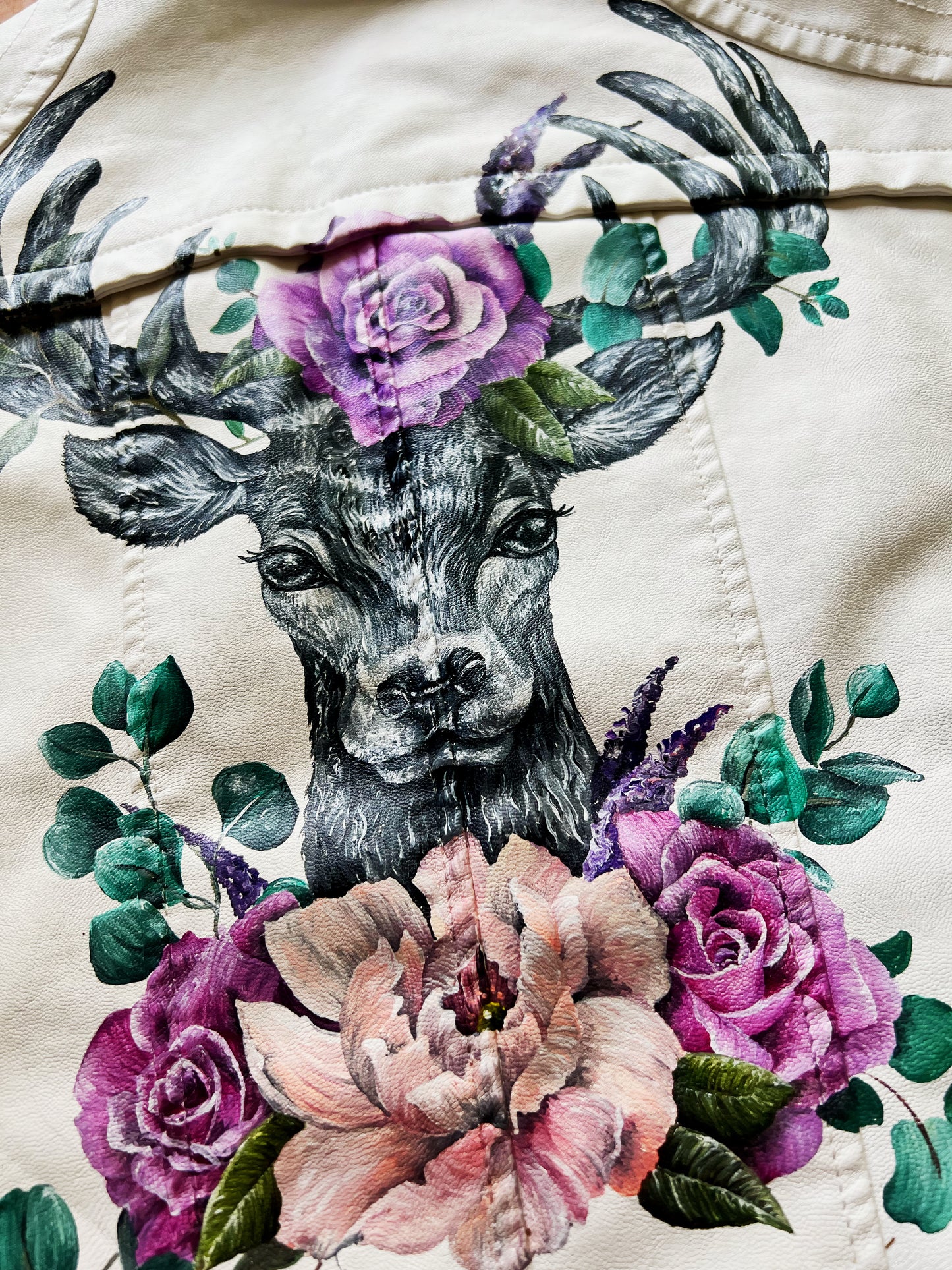 Leather/Faux Leather/Denim Jacket Painting, Stag and Flowers Design