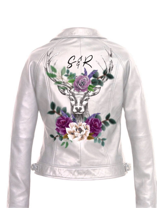Leather/Faux Leather/Denim Jacket Painting, Stag and Flowers Design